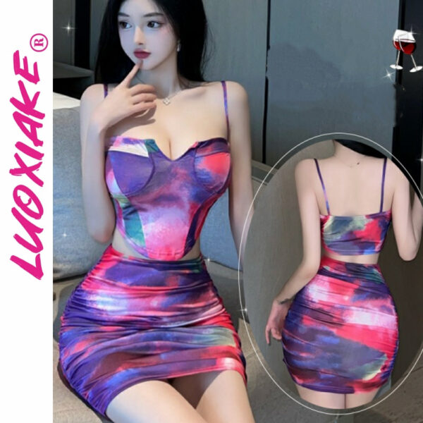Sexy Women Sleeveless Crop Top Bodycon Skirt Set Printed Clubwear Party Outfit Nightclub Dress