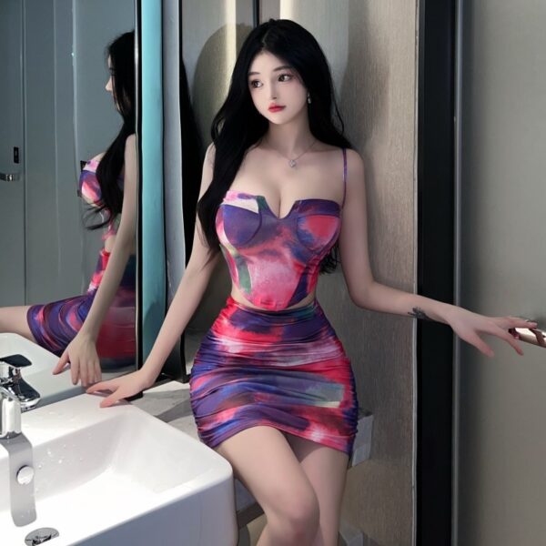 Sexy Women Sleeveless Crop Top Bodycon Skirt Set Printed Clubwear Party Outfit Nightclub Dress - 图片 3
